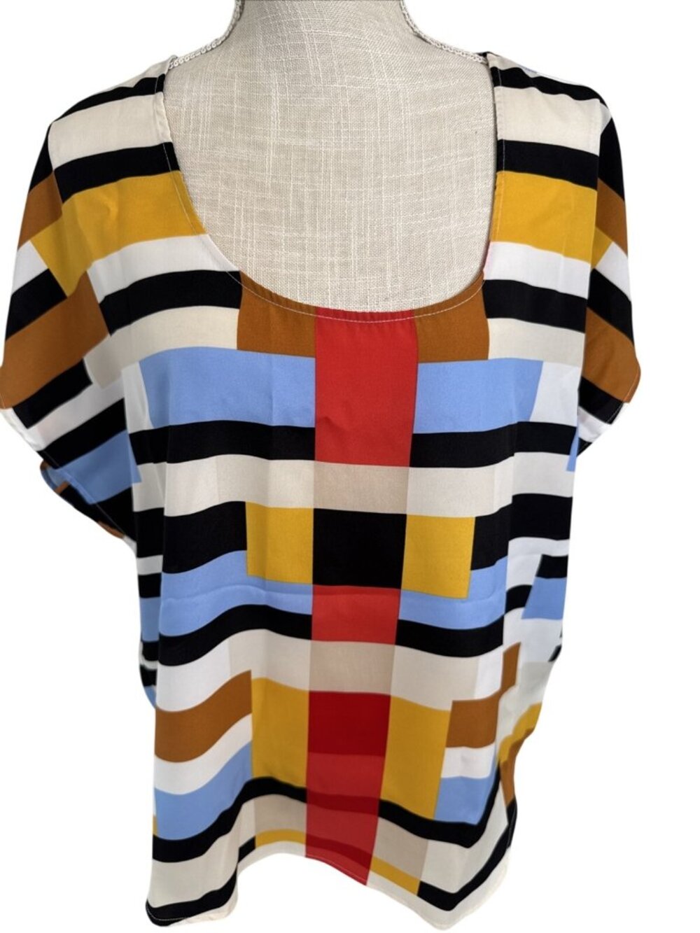 New York & Company Womens Geometric Striped Short Sleeve Top Size L Multicolor